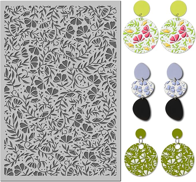 Arbuya Swirls Flowers Blossom Polymer Clay Texture Mat - Flourish Flowers Texture Sheet for Polymer Clay Jewelry Making, Earring Charms, DIY Craft Supplies