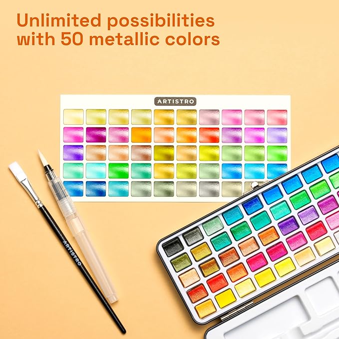 ARTISTRO 50 Metallic Watercolor Paint Set, Vivid Colors in Portable Box, Palette set. Perfect Travel Watercolor Set for Artists, Amateur Hobbyists and Painting
