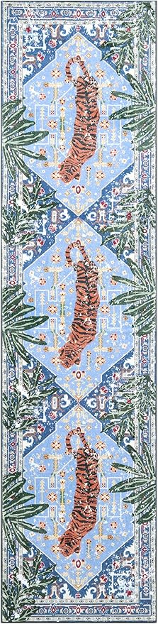 Oriental Tropical Hallway Runner Rug 2x8 Washable, Thin Stain Resistant Blue Boho Runner Rug for Entryway Kitchen Bedroom Laundry, Vintage Abstract Hippie Indian Botanical Long Floor Carpet