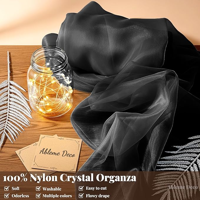 Organza Fabric by The Yard, 60 Inch Wide 10 Yards (30 ft) Extra Long Sheer Fabric for DIY Sewing Projects Window Scarf Wedding Decorations Party Backdrops Curtains (Black)