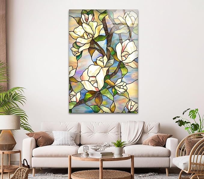 My Photostation.com Round 24'' Stained Magnolia Glass Wall Art Tempered Glass Printing Wall Decor Large Wall Art Wall Hangings