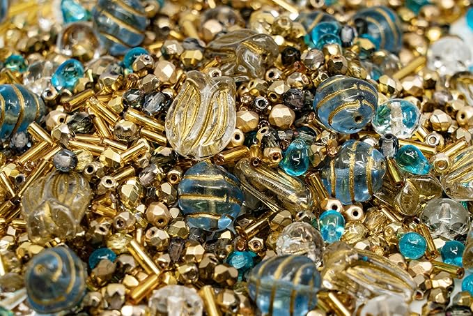 2.1oz (60 g) Mix of Unique Czech Bohemia Glass Pressed Beads, Rocailles, Aztec Pale Gold Crystal, Matte and Glossy, Hand Made BCV
