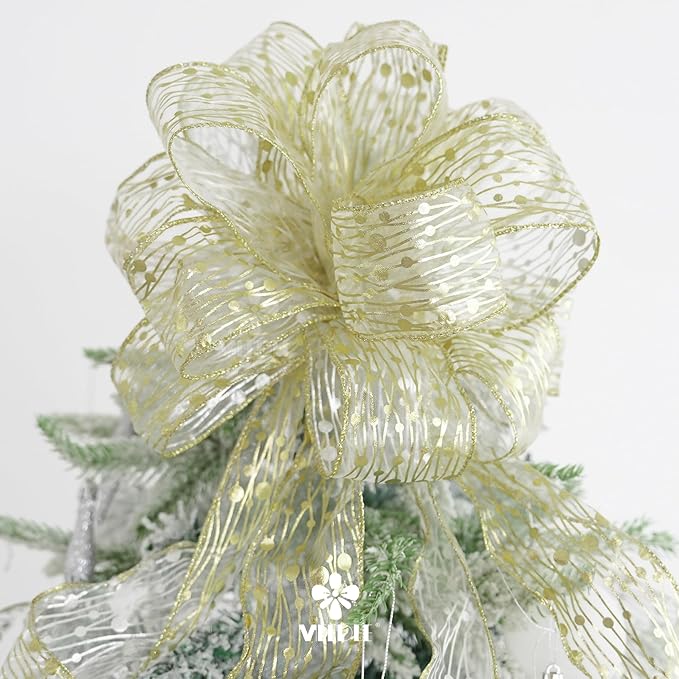 MEEDEE Gold Wired Ribbon - 2.5 Inch Sheer Organza With Horizontal Stripes and Polka Dots - 25 Yards for Gift Wrapping, Garland
