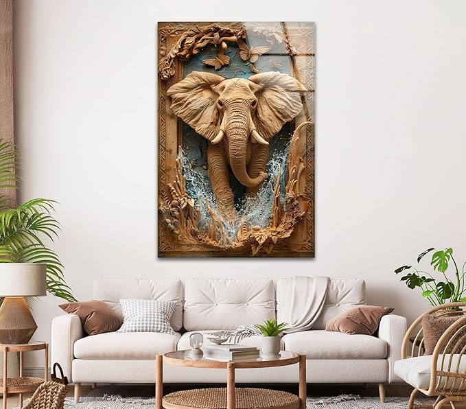 My Photostation.com 30Wx35.5H'' Elephant Carving Glass Wall Art Tempered Glass Printing Wall Decor Large Wall Art Wall Hangings