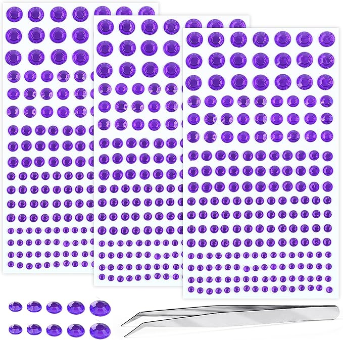 Self Adhesive Face Gems and Pearls for Makeup, Festival Jewels, Hair Gems Pearls, 3/4/5/6/8 mm Round Rhinestone Stickers for Face, Eye, Makeup, Body, Crafts 591Pcs (16_Dark Purple)