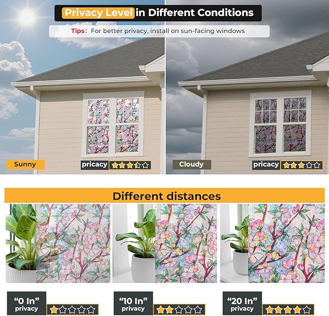 Window Privacy Film Rainbow Film Stained Glass 3D Static Cling Decorative Window Sticker for Bathroom,Front Door,Home Heat Control UV Blocking Non Adhesive,Peach Blossom 23.6 x 78.7inches