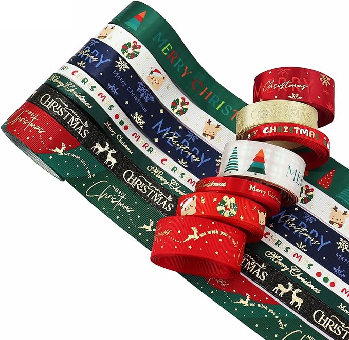 Christmas Gift Wrapping Ribbon, Red, Green, 2 Rolls Printed Grosgrain Ribbons for Crafts, Floral Bouquets, Sewing, Party and Festive Holiday Decor (2 Rolls(Green/White), 1 Rolls=1in * 5Yards)