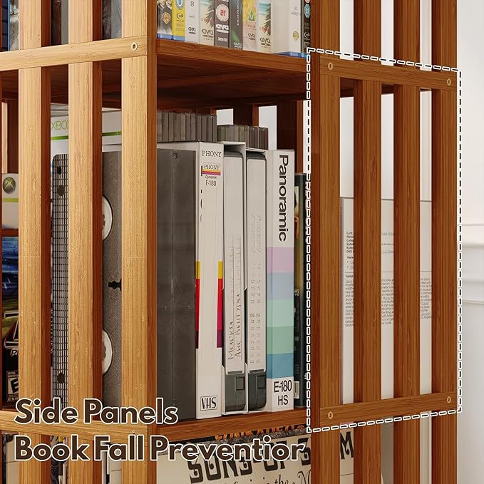 XIMN 360° Rotating Bamboo CD/DVD Shelf - 6-Tier Space-Saving Media Storage Cabinet for Movies, Organizer with Super Compact Design (Walnut, 4 Tier)