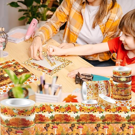 12 Rolls Fall Washi Tape, Thanksgiving Autumn Maple Leaves Pumpkin Masking Washi Tape Thanksgiving Harvest Decorative Tape Sticker for Scrapbook, Journal, DIY Craft, Gift Wrapping, Card Making