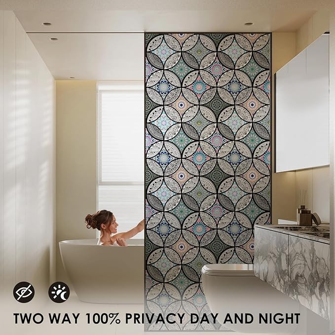 DKTIE Static Cling Decorative Window Film with Installation Tools Non Adhesive Privacy Film, Stained Glass Window Film for Bathroom Shower Door Heat Cotrol Anti UV 35.4 x 78.7 Inch