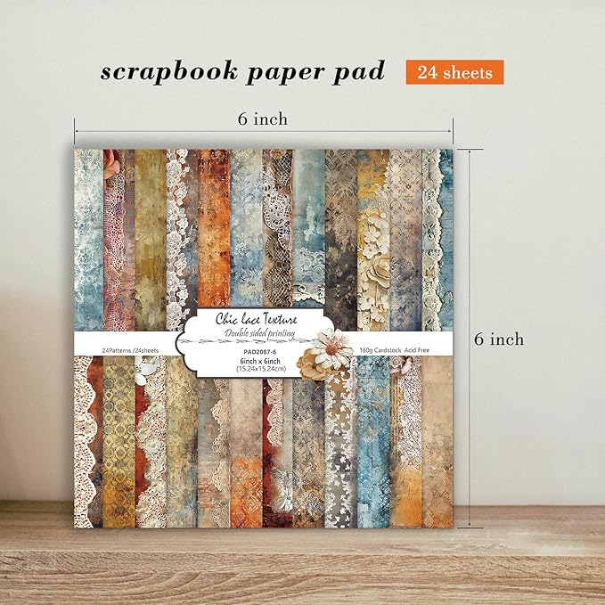 6'' Vintage Lace Scrapbook Paper Pad - 24 Sheets Double Sided Origami Cards for Junk Journal Collage Supplies Cards Decor Gifts Crafts DIY Wrapping Decorative Folded Photo Album
