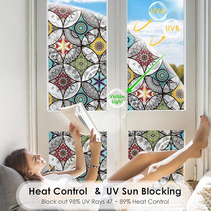 DKTIE Boho Chic Window Privacy Film with Installation Tools - Soften Light, Reduce UV Rays, Decorative Stained Glass Window Tinting Film for Home, 17.7 x 78.7 Inch