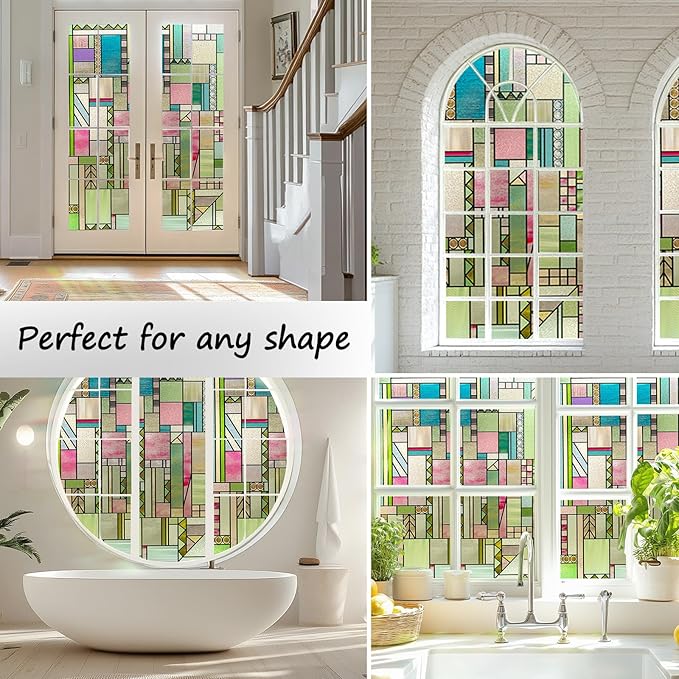 3D Stained Glass Window Privacy Film, Heat Control UV Blocking Static Cling Decorative Window Film for Bathroom,Front Door,Home Non Adhesive 16.9 x 39.3 inches Colorful Abstraction