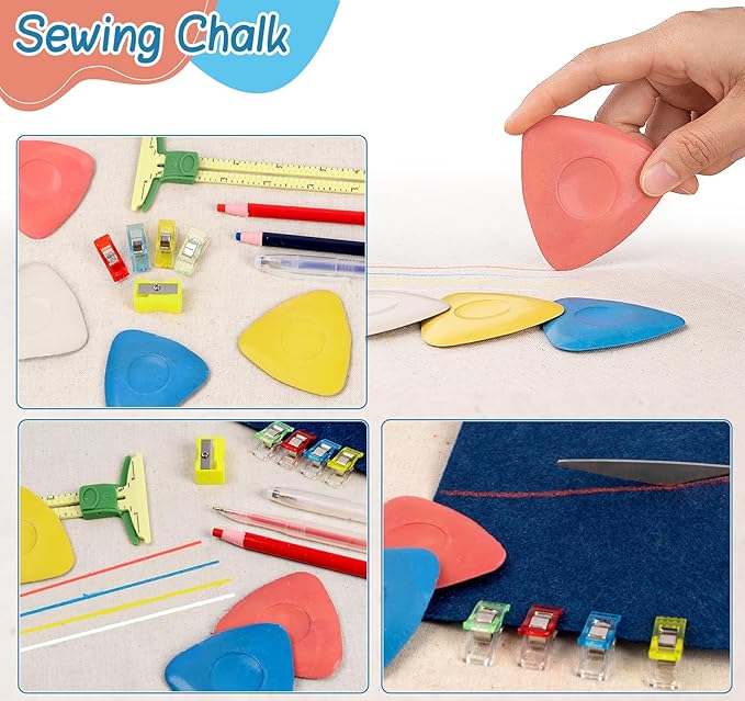 StiVerse 49 pcs Tailors Chalk Kit, 10 pcs Sewing Chalk, Fabric Chalk Markers for Sewing, Heat Erasable Pens, Sewing Clips, Sliding Gauge for Quilting, Sewing Supplies for Quilting, Dressmaking