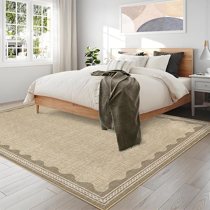 Scalloped Washable Rug 8x10 Area Rugs for Living Room, Solid Jute Rug for Bedroom Girls, Non Slip Scalloped Throw Rugs with Rubber Back, Soft Dorm Nursery 8x10 Carpet for Dining Room