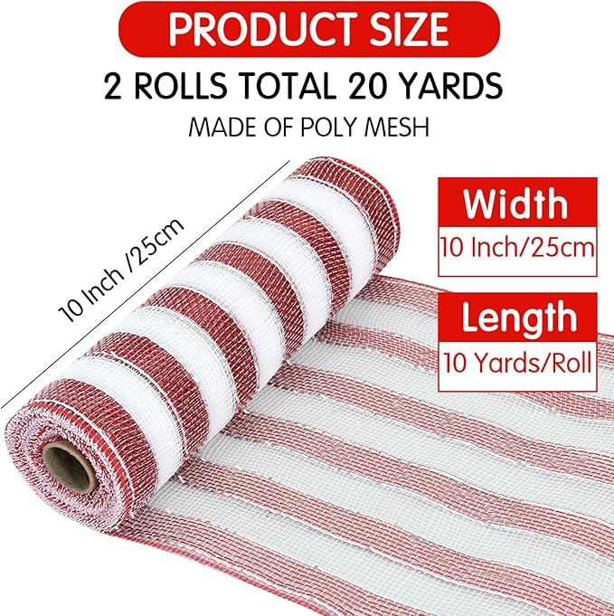 TONIFUL 2 Roll 10 Inch Red and White Striped Decorative Mesh Ribbon Rolls for Indoor Decor Christmas Valentine's Halloween Party Accessories Party Decoration Supplies (10yds/roll)