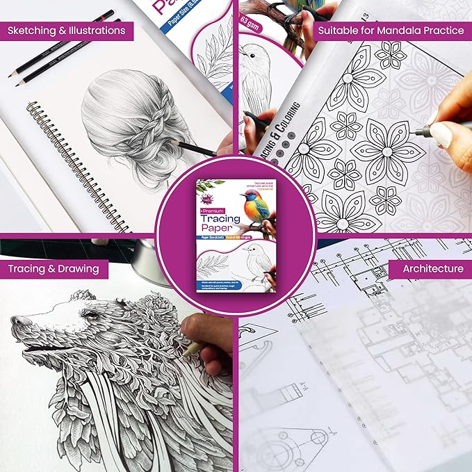 Tracing Paper 8.5 x 11 Inch - 100 Sheets 41lb/63gsm Transparent Vellum Paper for Sketching, Preliminary Drawing, Drafting & Overlays - Premium Translucent Tracing Paper for Pencil, Marker and Ink