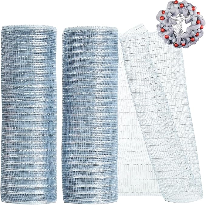 TONIFUL 2 Rolls 10 Inch Silver Decorative Mesh Ribbbon Rolls, Fabric Mesh with Foil for Wreath Supplies, Front Door Wreath Crafts Tree Decor Christmas NewYears Halloween Decoration (10 yds/roll)