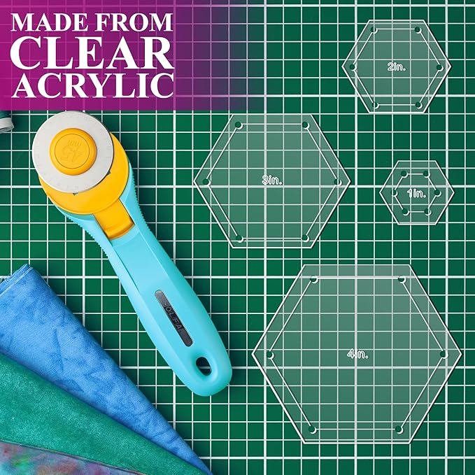 Hexagon Quilting Template Set - 4", 3", 2", 1" Sizes with 1/4" Seam Allowance - Durable Acrylic Templates for Quilting, Patchwork, Crafting, & Sewing Projects - Clear Templates for Accuracy