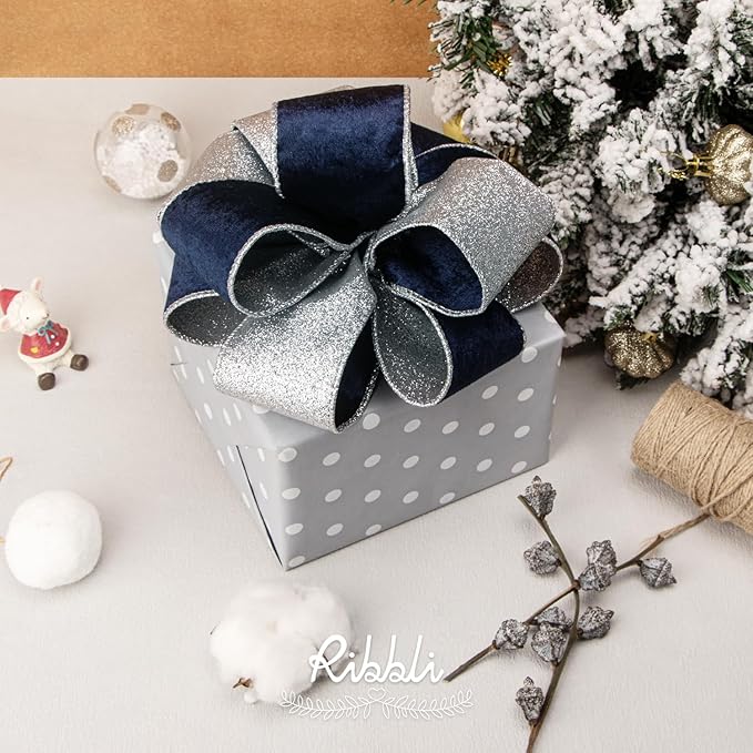 Ribbli Navy Velvet Wired Ribbon 2.5 Inch Navy Velvet with Silver Glitter Christmas Ribbon for Christmas Tree Decoration Big Bow Gift Wrapping Crafts Wreaths Supplies- 10 Yards