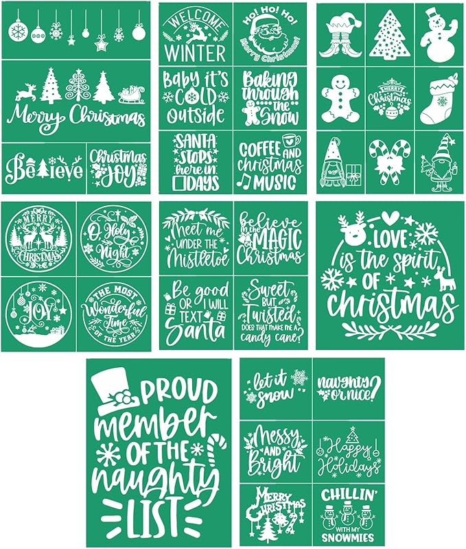 JAJADO Self Adhesive Christmas Silk Screen Stencils 9 Pcs, Winter Holiday Xmas Screen Print Transfers Chalk Mesh Stencils for Painting on Wood, Fabric, Glass, Pillow, Card, DIY Christmas Decoratio