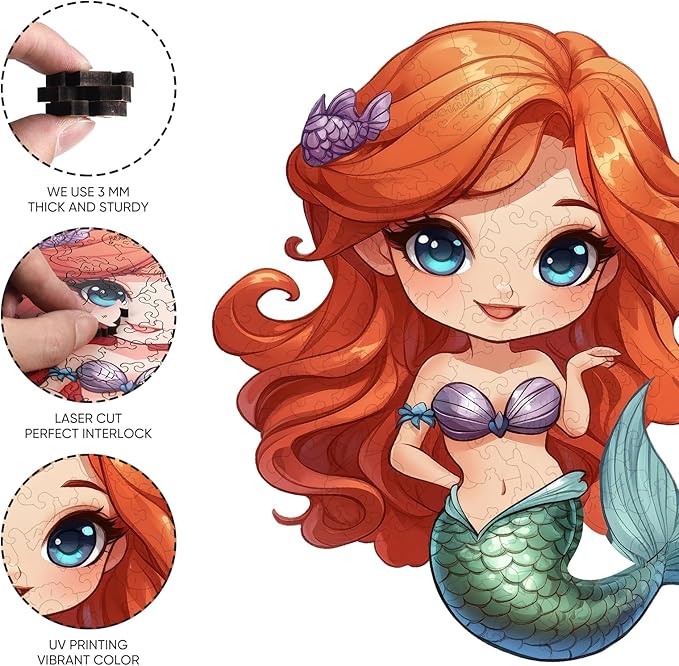 Wooden Puzzles for Adult and Kids, 100 Pieces Ocean Puzzle, Unique Shaped Mermaid Wooden Preschool Puzzle, Toddler Wooden Puzzle Toy Gift for Family and Friends, Suitable for Family Games