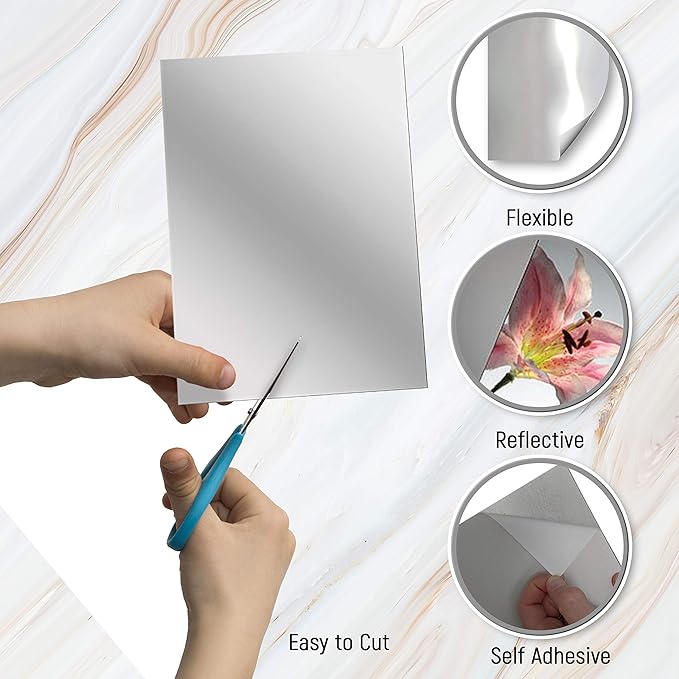 Adhesive Mirror Sheet 6 x 9 Inches Flexible Mirrors Sheets (8 Pack) | Non-Glass Self Adhesive Stick on Mirror Tiles | Cut Mirror Paper to Size, Peel and Stick, Great for Crafts and Mirror Wall