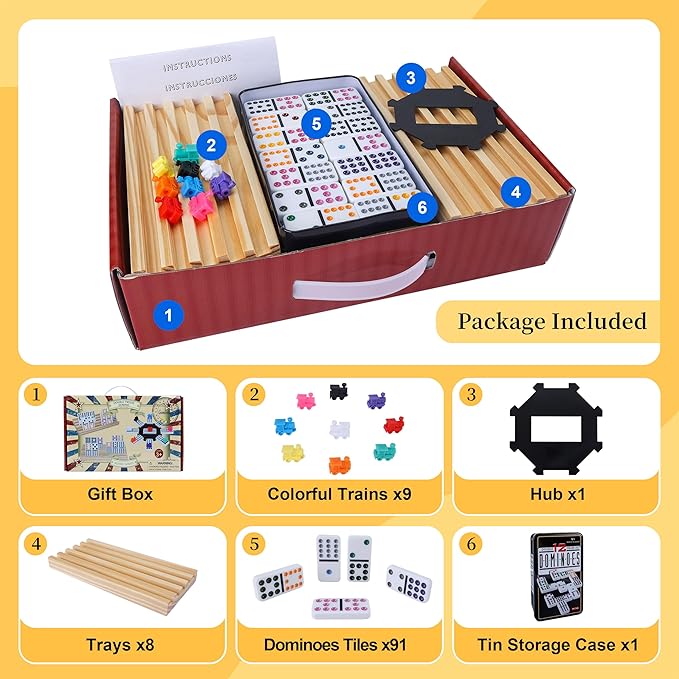 Double 12 Mexican Train Dominoes Set for Adults with 8PCS Wooden Holders, 9 Train Markers, 91 Color Dot Tile Dominos in Tin Box & Hub - Classic Family Board Game Set Party Toy Gift for Kids