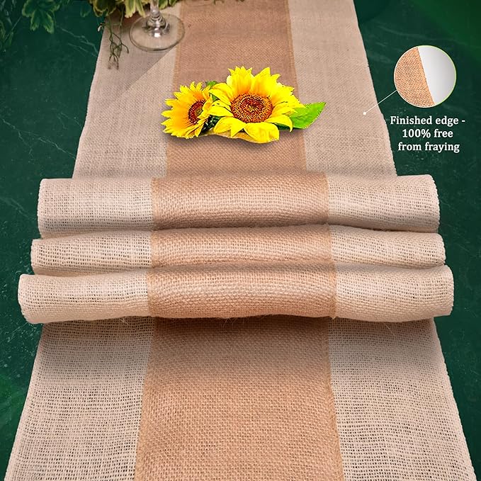 Burlap Table Runners (Pack of 6) – 14”x 72” - No-Fray Finished Edge Natural Table Runner – No Odor Farmhouse Style Natural Stripe on White Burlap Runner - Perfect for Christmas, Wedding, Thanksgiving