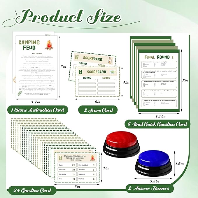 30 Pcs Camping Friendly Feud Game Set Camping Party Game Trivia Quiz with 18 Card 2 Buzzer for Adults Family Games Activities Party Supplies, Battery Not Included