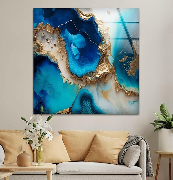 My Photostation.com 48Wx32H'' Blue Alcohol ink Glass Wall ArtTempered Glass Printing Wall Decor Large Wall Art Wall Hangings