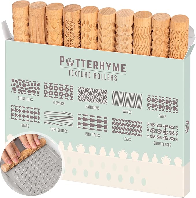10pcs Wooden Clay Texture Rollers Set for Pottery & Ceramics - Potters Stamp Roller Tools for Ceramic Slabs - Textured Rolling Pins for Modeling, Painting & Glaze Design - 5.9 x 0.8 inch