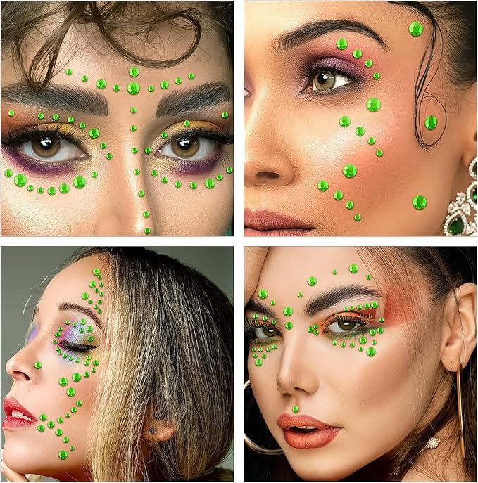 Self Adhesive Face Gems and Pearls for Makeup, Festival Jewels, Hair Gems Pearls, 3/4/5/6/8 mm Round Rhinestone Stickers for Face, Eye, Makeup, Body, Crafts 591Pcs (09_Light Green)