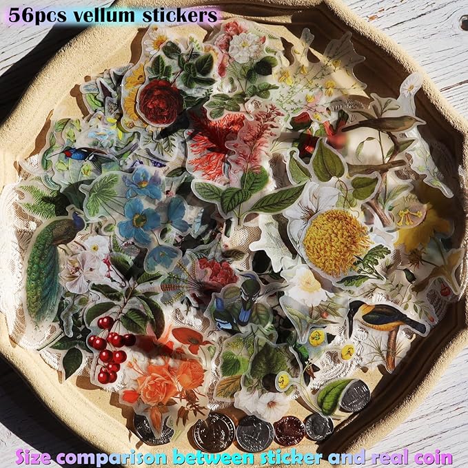 Vintage Vellum Stickers Floral Plants Elements Scrapbooking Supplies Flowers Botanic Natural Translucent Paper Self-Adhesive Junk-Journal Items (Bird Patterns)