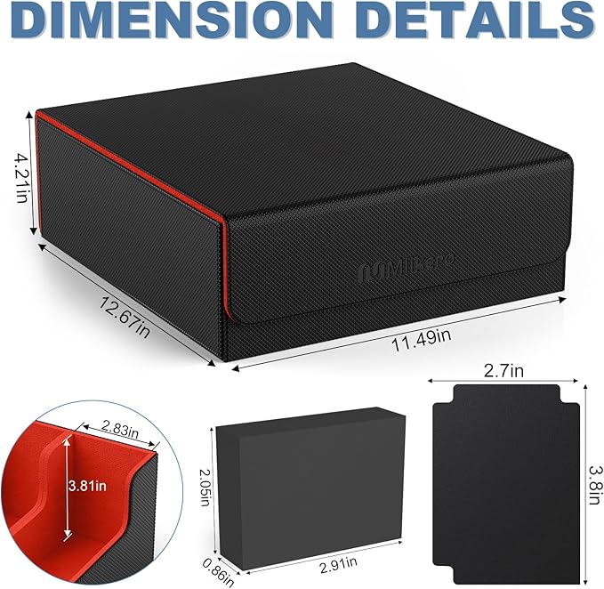Mlikero Card Deck Case, 2400+ Trading Card Storage Box with 10 Colorful Dividers and 4 Foam Stoppers, Leather Magnetic Closure Commander Deck Box Fit for MTG, TCG (4 Rows, Black&Red)