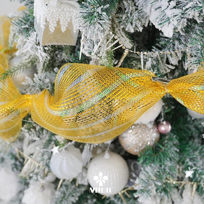 MEEDEE Gold Deco Mesh 10 Inch Deluxe Wide Foil & Iridescent Metallic Stripe Mesh Ribbon for Wreaths, Christmas Tree, Garland, Gift Wrapping, Bows Making (30 Feet)