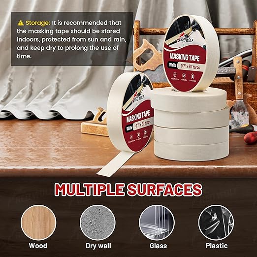 RED WOLF 0.94" x 60 Yards Masking Tape 6 Pack, General Purpose for Painting Arts Crafts Label Car Painting, Sharp Paint Line No Residue Painters Tape White Beige Crepe Paper Tape Heat Resistance