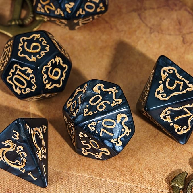 7-Die DND Dice Set Dragon Pattern Polyhedral Die with Leather Bag D&D Dice Set for RPG Table Games (Black W/Gold Dragon Pattern)