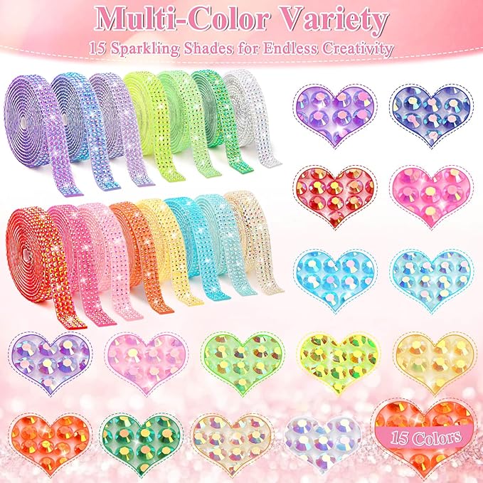 15 Yards Self Adhesive Rhinestone Strips, Rhinestone Ribbons Self Adhesive, Diamond Crystal Bedazzling Strips Glitter Bling Rhinestones Tape Stickers for Crafts, Fabric, Car, Shoes, Décor