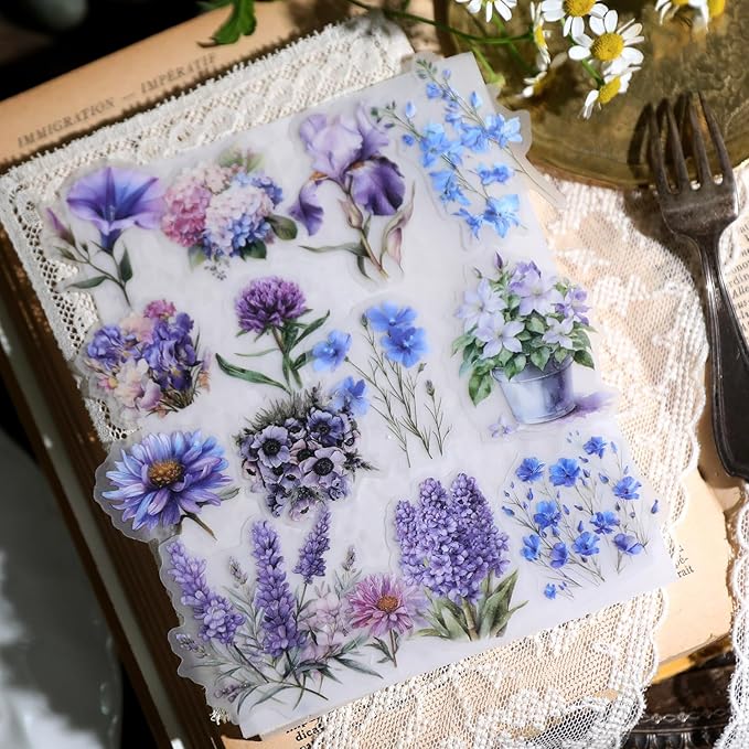 Vintage Vellum Stickers Floral Plants Elements Scrapbooking Supplies Flowers Botanic Natural Translucent Paper Self-Adhesive Junk-Journal Items (Blooming Flowers)