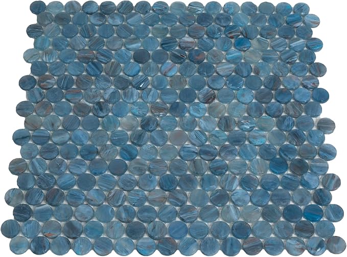 Denim Blue Penny Round Mosaic Glass Tile – Sample Swatch- 4"x5" - Luxurious Design for Bathroom Walls, Kitchen Backsplash, Shower Walls - Elegant Wall Decor - NOT Peel and Stick Tile