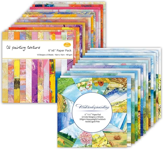 48 Sheets 24 Designs Scrapbook Paper Pad, 6"×6" Single-Sided Decopodge Craft Cardstock Paper,Scrapbooking DIY Decorative Background Cardmaking Supplies.Oil Painting&Landscape