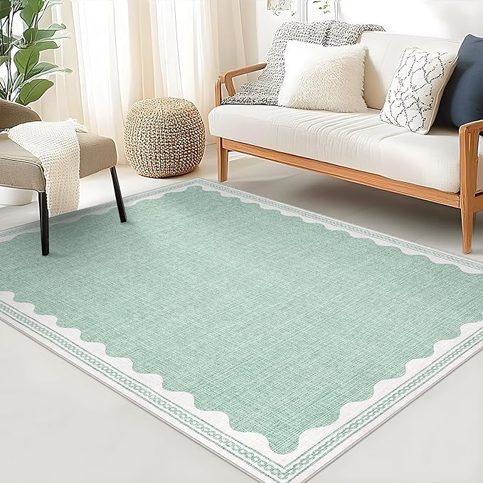 Scalloped 3x5 Rugs for Entryway, Small Area Rug Solid Green Rug for Bedroom Girls, 3x5 Washable Rugs for Living Room, Non Slip Scalloped Bath Mat, Soft Dorm Nursery Carpet for Bedside