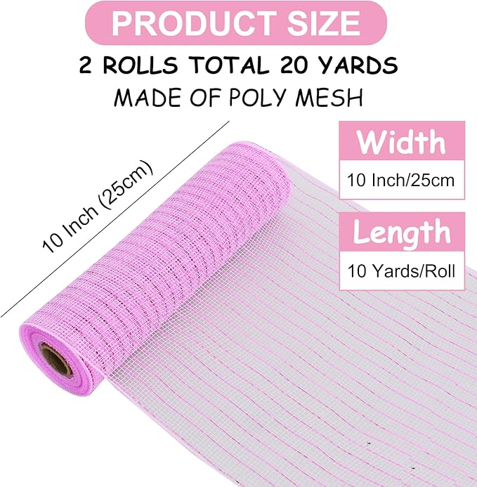 TONIFUL 2 Rolls 10 Inch Pink Decorative Mesh Ribbbon Rolls, Fabric Mesh with Foil for Wreath Supplies, Front Door Wreath Crafts Tree Decor Christmas NewYears Halloween Decoration (10 yds/roll)