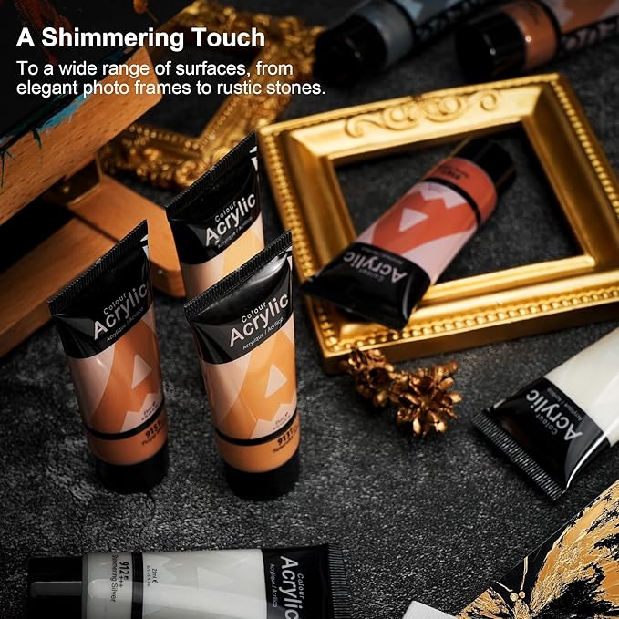 AUREUO Metallic Acrylic Paint Set - 8 Essential Colors 0.71 Fl Oz / 21ml Tubes Gold Silver Art Paints for Crafts Decor Rich Pigments Non-toxic Painting Supplies for Artists