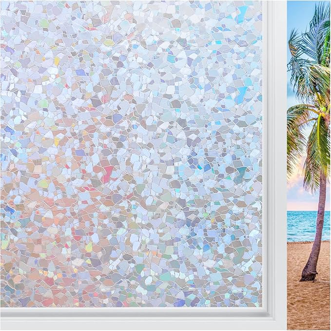 rabbitgoo Rainbow Window Privacy Film Decorative Stained Glass Diamond Pattern Window Sticker with Iridescent Tint Non-Adhesive Static Cling for Home Office Crystal Pattern, 35.4 x 78.7 inch