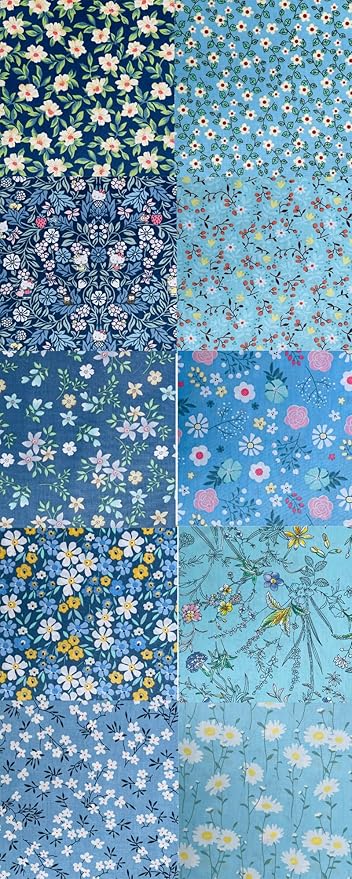 HANPATQUI 50PCS 8 x 8 inch Blue Printed 100% Cotton Fat Quarters Fabric for Sewing and Quilting Bundles Precut Fabric Square for DIY Craft Patchwork