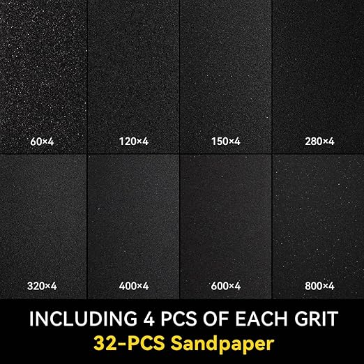 32 PCS Sandpaper 60/120/150/280/320/400/600/800 Grit Wet Dry Sandpaper Assortment 9x3.6 Inch Hand Sanding Sheets for Automotive Sanding,Furniture Finishing,Wood Turing Finishing.
