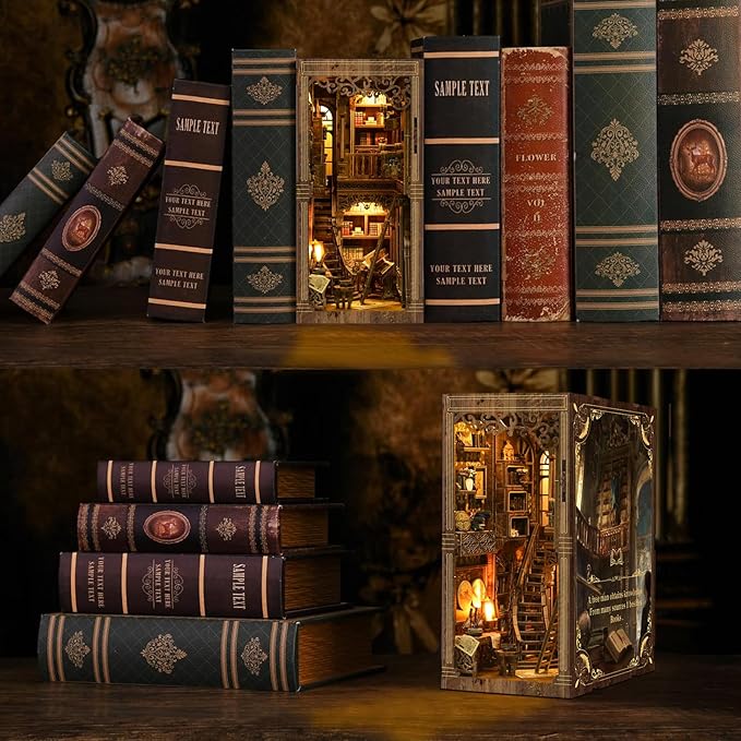 Book Nook Kit for Adult Miniature Model Build Dollhouse Kit 3D Wooden Puzzle with Sensor Led Light for Bookshelf Bookend Insert Decor Adults Teen Crafts(Classical Book Collection Room)