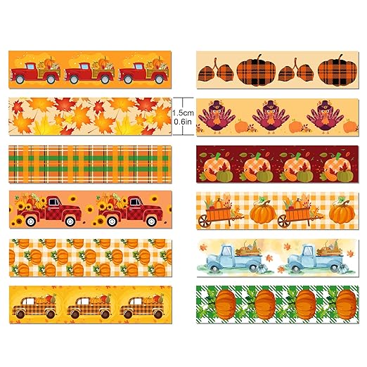 12 Rolls Thanksgiving Washi Tape Set, Maple Leaf Patriotic Decorative Paper Stickers Tape, Patriotic Packing Tape Decorative Tape for Thanksgiving Gifts Wrapping, DIY Art Crafts, Wrapping Decor
